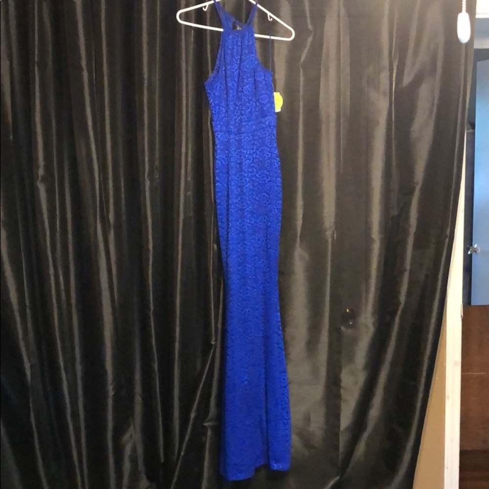 High neck blue lace dress